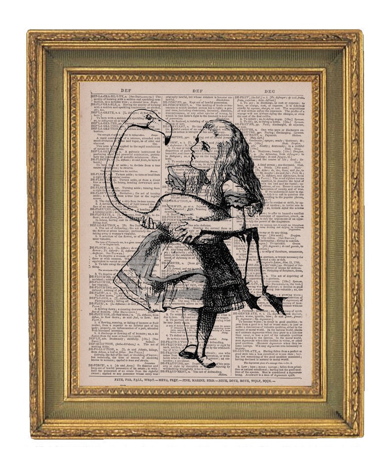 Vintage Dictionary Book Print -Alice In Wonderland Flamingo 8x10