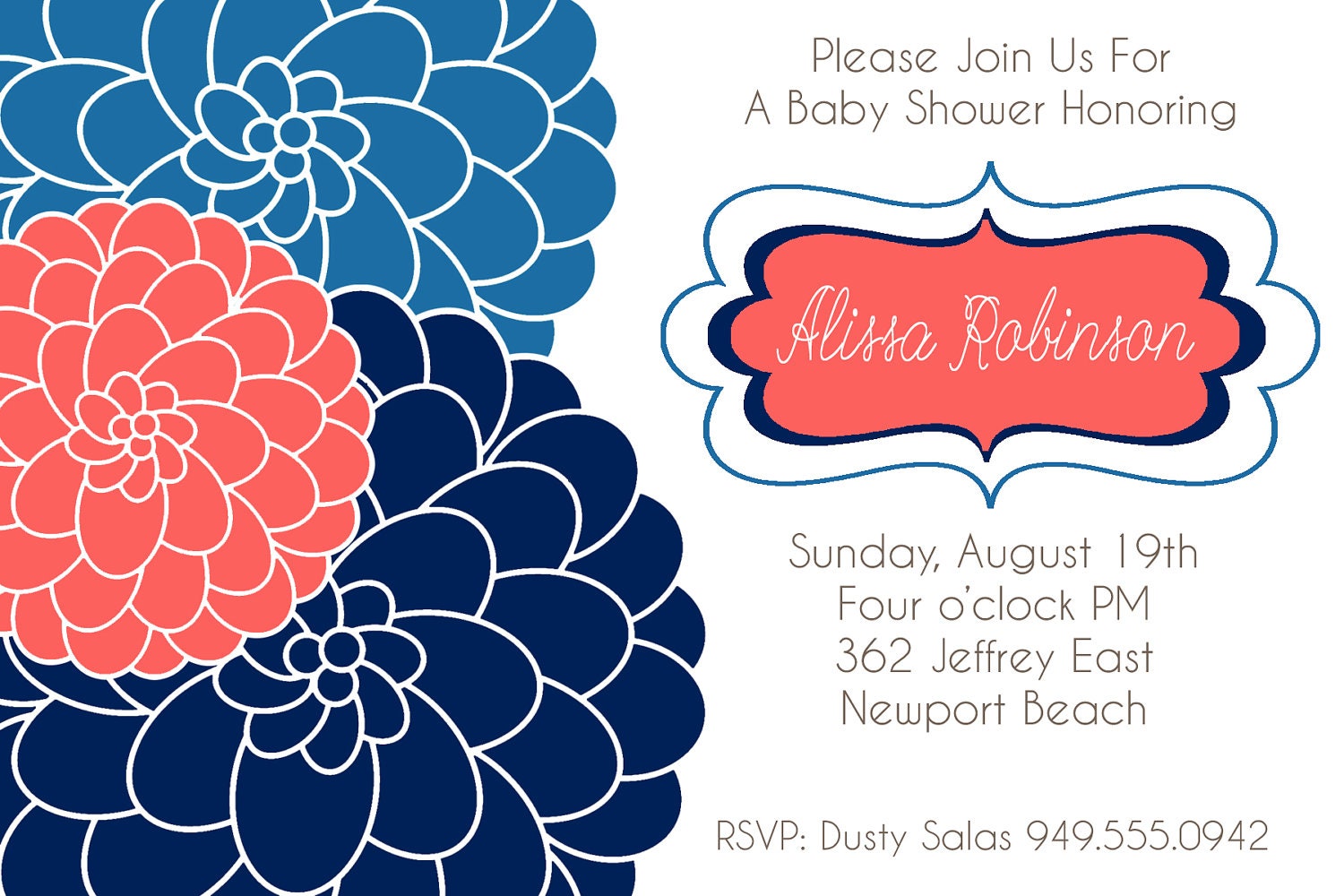 Bridal Shower Invitation or Baby Shower- Navy and coral mums, navy blue, dusty blue, beige