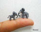 Extreme Tiny Elephants - Micro Mini Amigurumi Crochet Miniature Animals - Set of Two Elephants Dad and Son - Made To Order