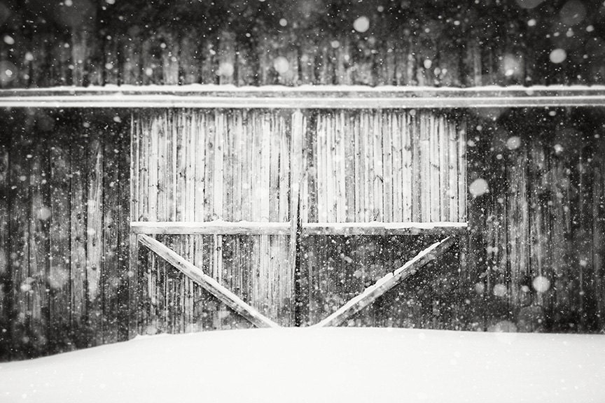 Black and White Photography, Rustic White Decor, White Barn Picture, Winter Snow Landscape, Snowflakes, Minimalist Dreamy Barn.