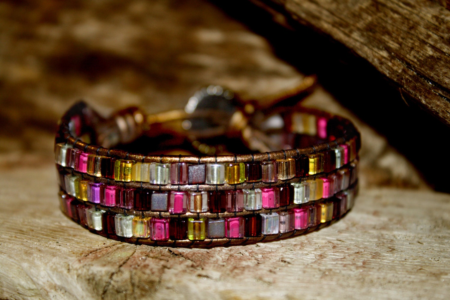 Custom Leather Wrap Three Stack Miyuki Square Glass Bead Bracelet Cuff
