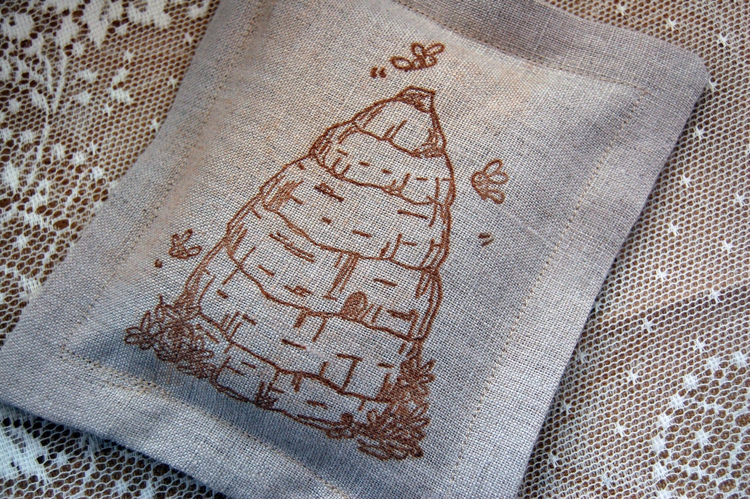 Honey Beehive/ Bee Skep Lavender Sachet/ Sepia on Linen (Gifts under 10 dollars)