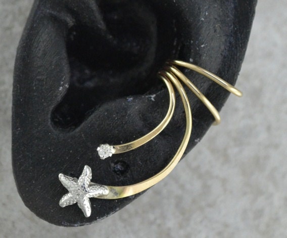 Ear Cuff - Starfish with CZ -  Sterling Silver and Gold Filled - PAIR