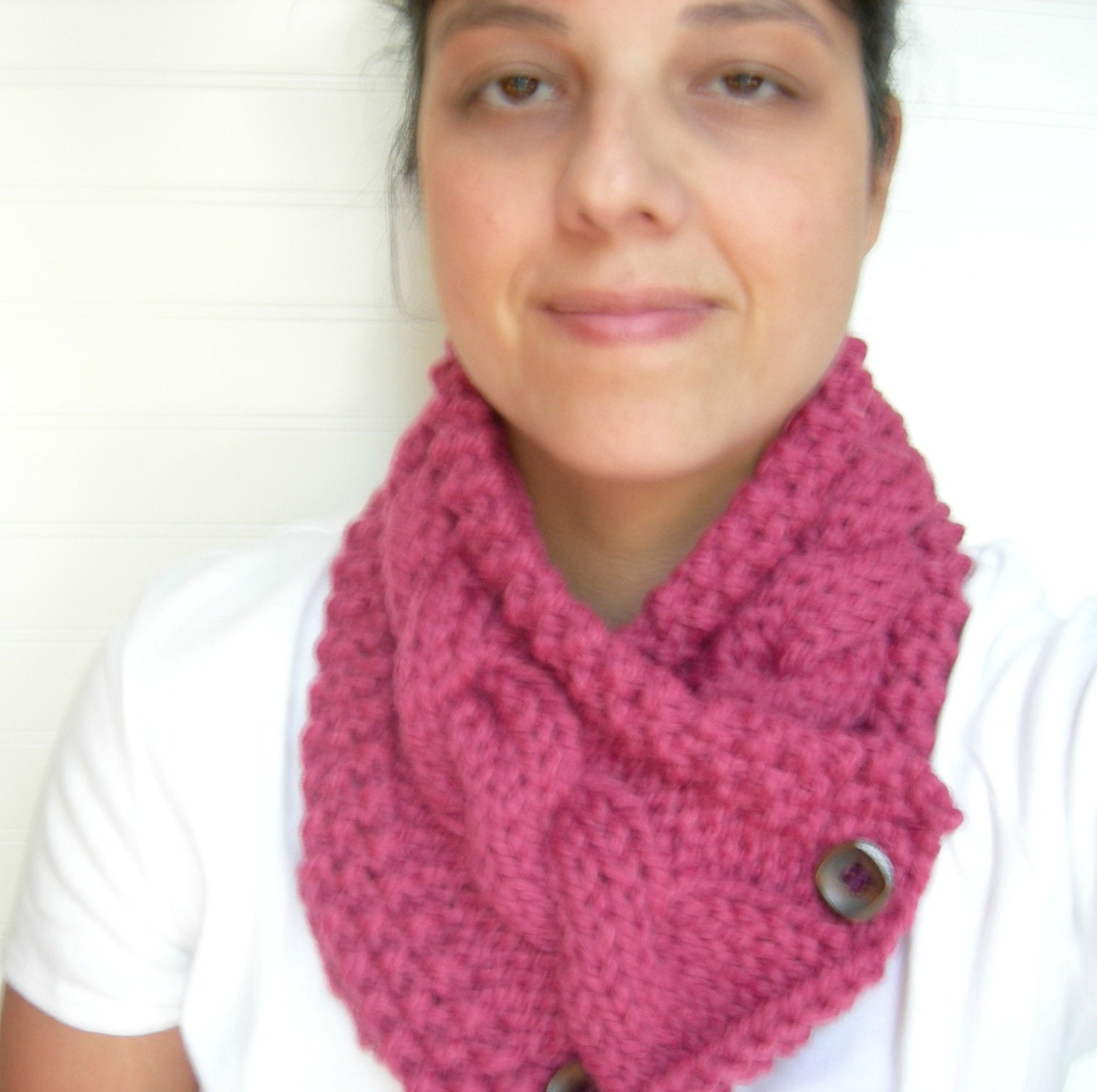 Raspberry Chunky Knitted Scarf, Cowl Neckwarmer, Pink Flambe