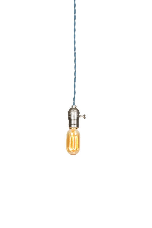 Bare Bulb Minimalist Brushed Silver Socket Colored Wire Pendant ( Slate Blue )