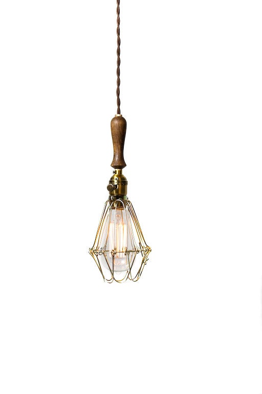 Vintage Farmhouse Wood Handle Economy Caged Trouble Light Pendant ( Brown / Antique Brass )