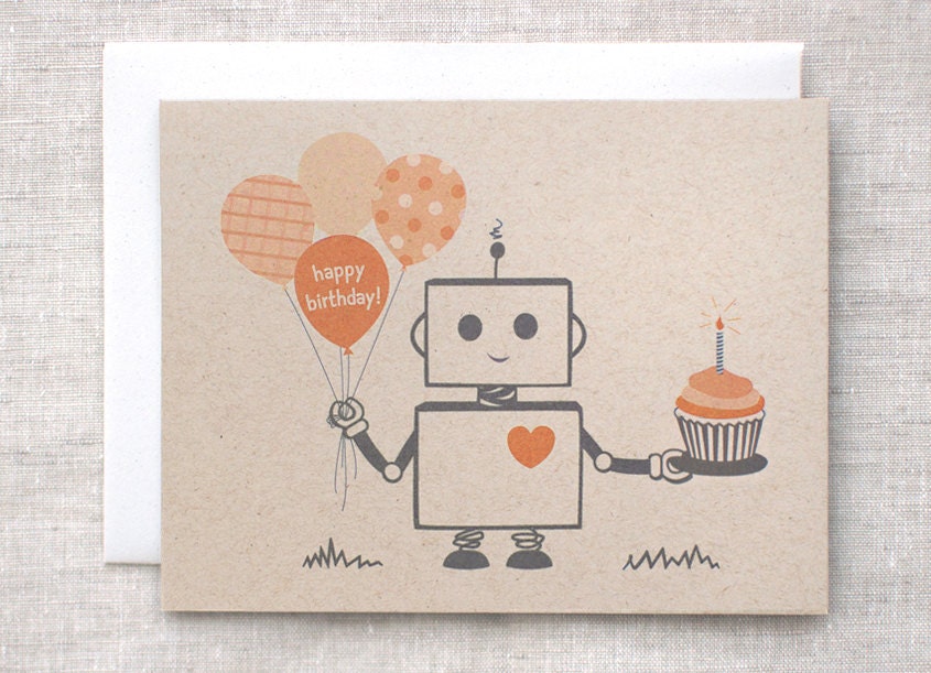 Robot Birthday Card - Orange, Brown, Gray - Happy Birthday Balloons, Cupcake