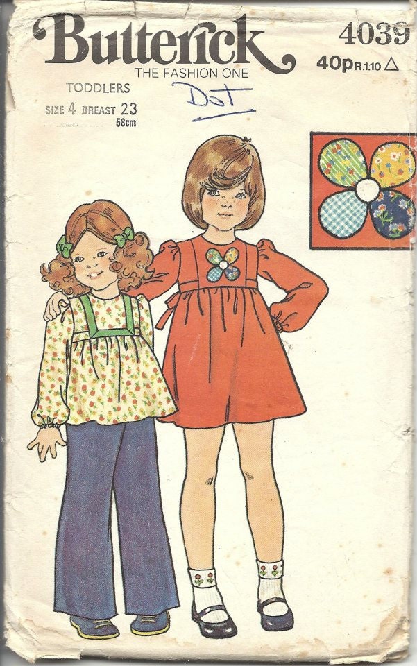Butterick 4039 70s Vintage Sewing Pattern Girls 1970s Toddlers  Children's Dress Top Pants Applique Size 4