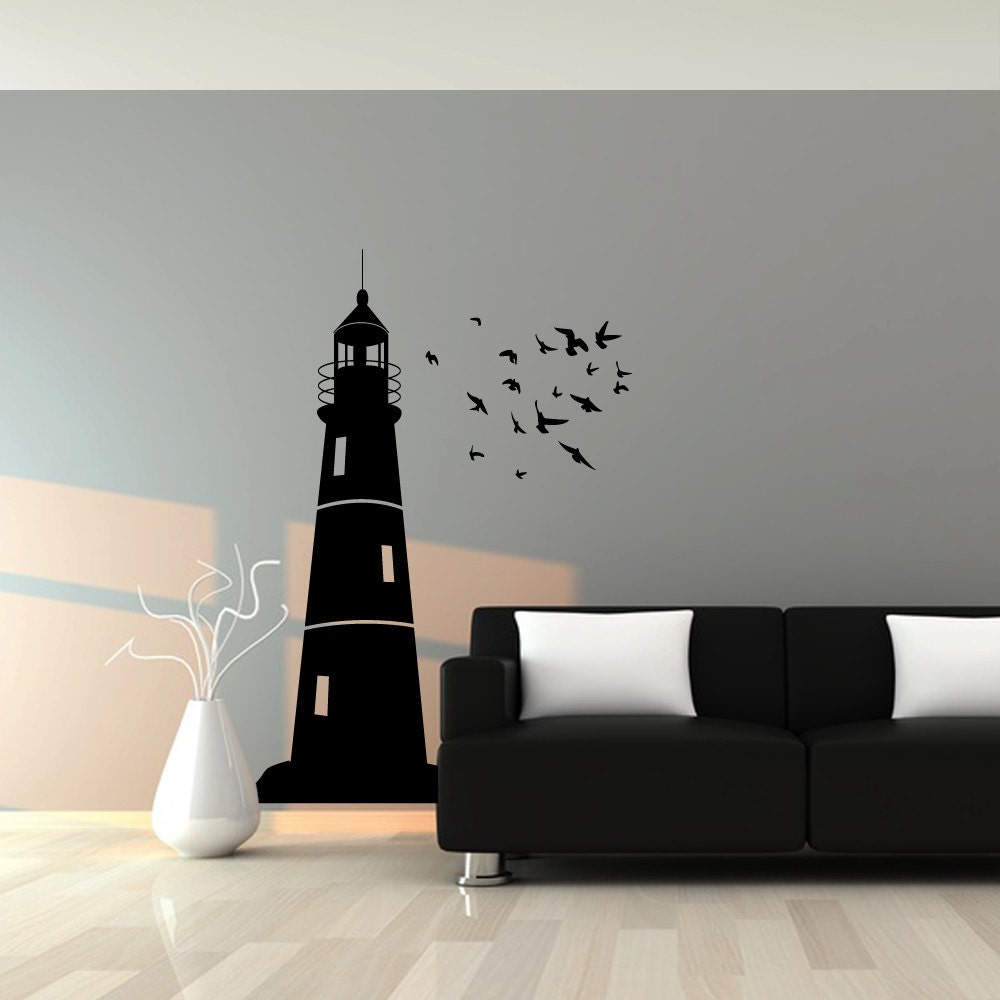 Wall Decal : Lighthouse and Flock of Birds Nautical Vinyl Wall Art Decal Sticker