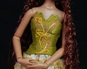 White Peacock Bustier in Leaf Green Silk Gold OOAK Tonner Dolls MaryGwyneth Mini Couture