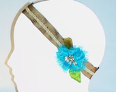 Silk Elastic Headband Hair Fascinator Taupe Silk Turquoise Flower Beads Lime Leaves by MaryGwyneth