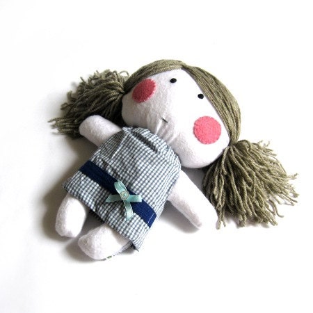 Rag doll stuffed puppet plushie softie soft toy aqua blue white navy blue checked dress 11" 27 cm