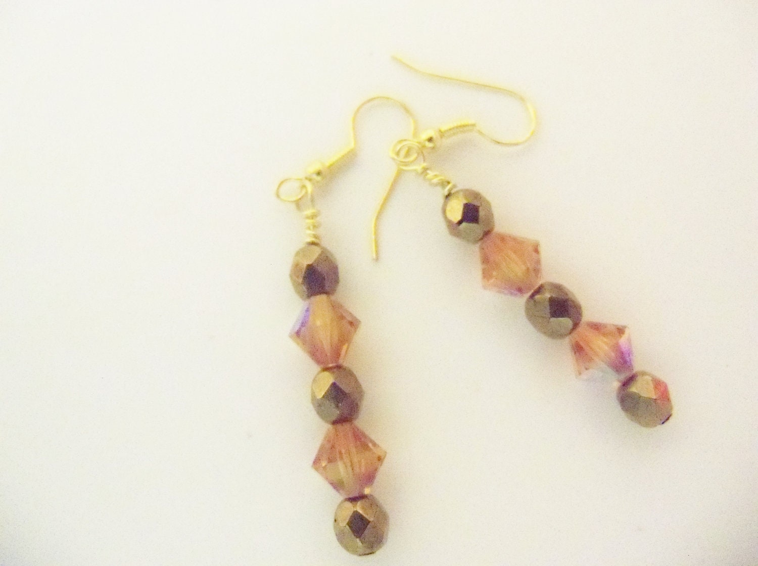 Earrings Dangle Dark Gold Beads Amber Swarovski Crystals Holiday Special Occasion Gift Idea