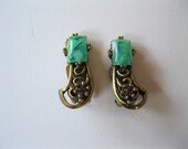 Green Thermoset and Purple Rhinestone Earrings Vintage