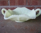 Fenton Satin Custard Glass Candy Dish 2 Handle Footed Nappy Butterflies