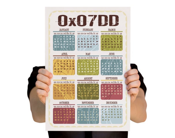2013 Calendar for Computer Geeks- Hexadecimal numbers - Blue, Purple, Green - 13 x 19-Wall Decor- Geekery