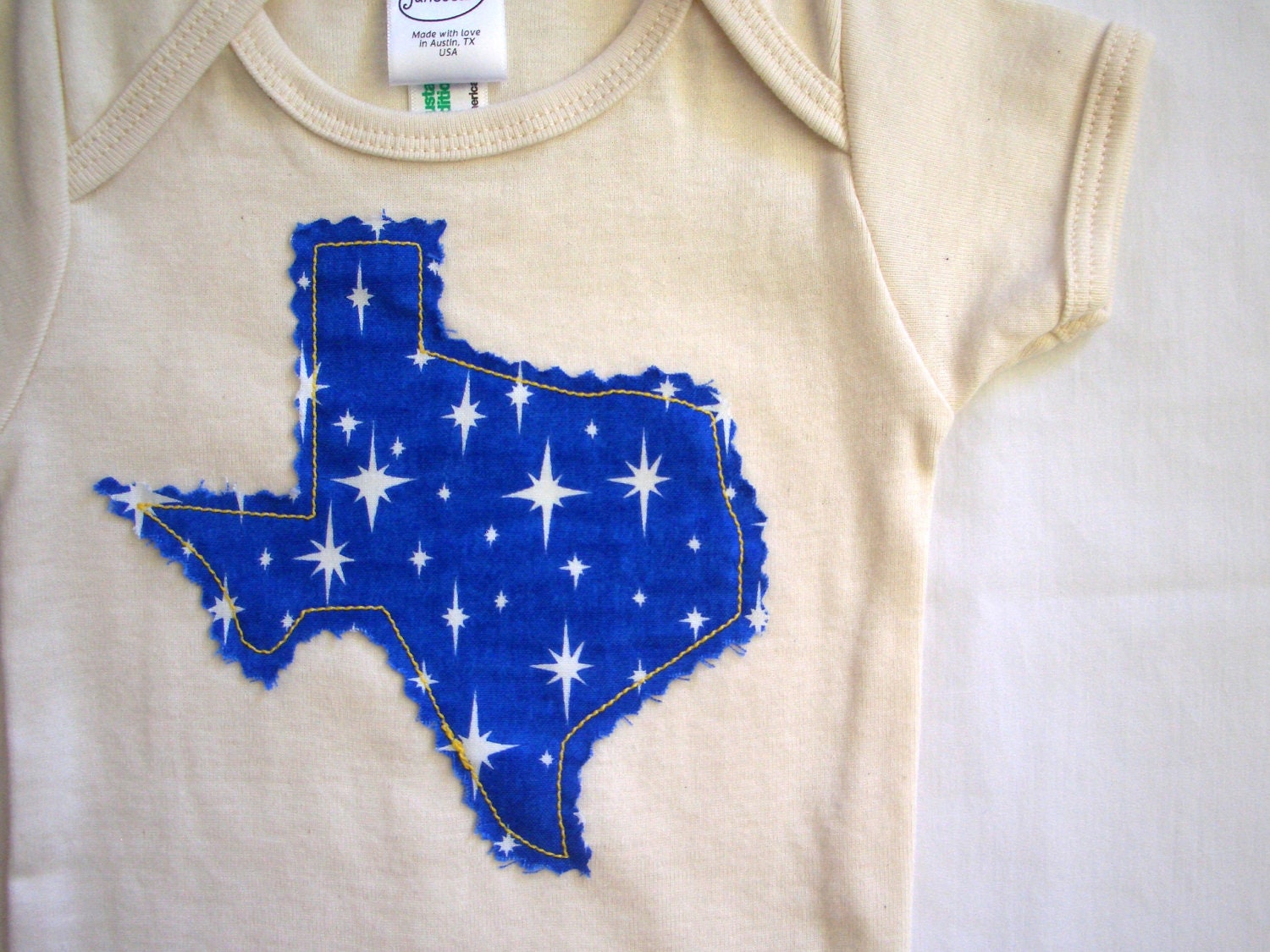 Texas Onesie Organic Cotton with Stars of Texas Blue Applique 3-6 mos. 6-12 mos. 12-18 mos. - junebeam
