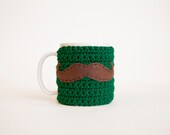 Green Mustache Mug Cozy - Forest Green Cup Cozy - Brown Mustache Coffee Sleeve
