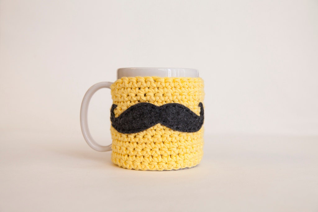 Mustache Mug Cozy - Yellow Mug Cozy - Gray Mustache Mug Cozy