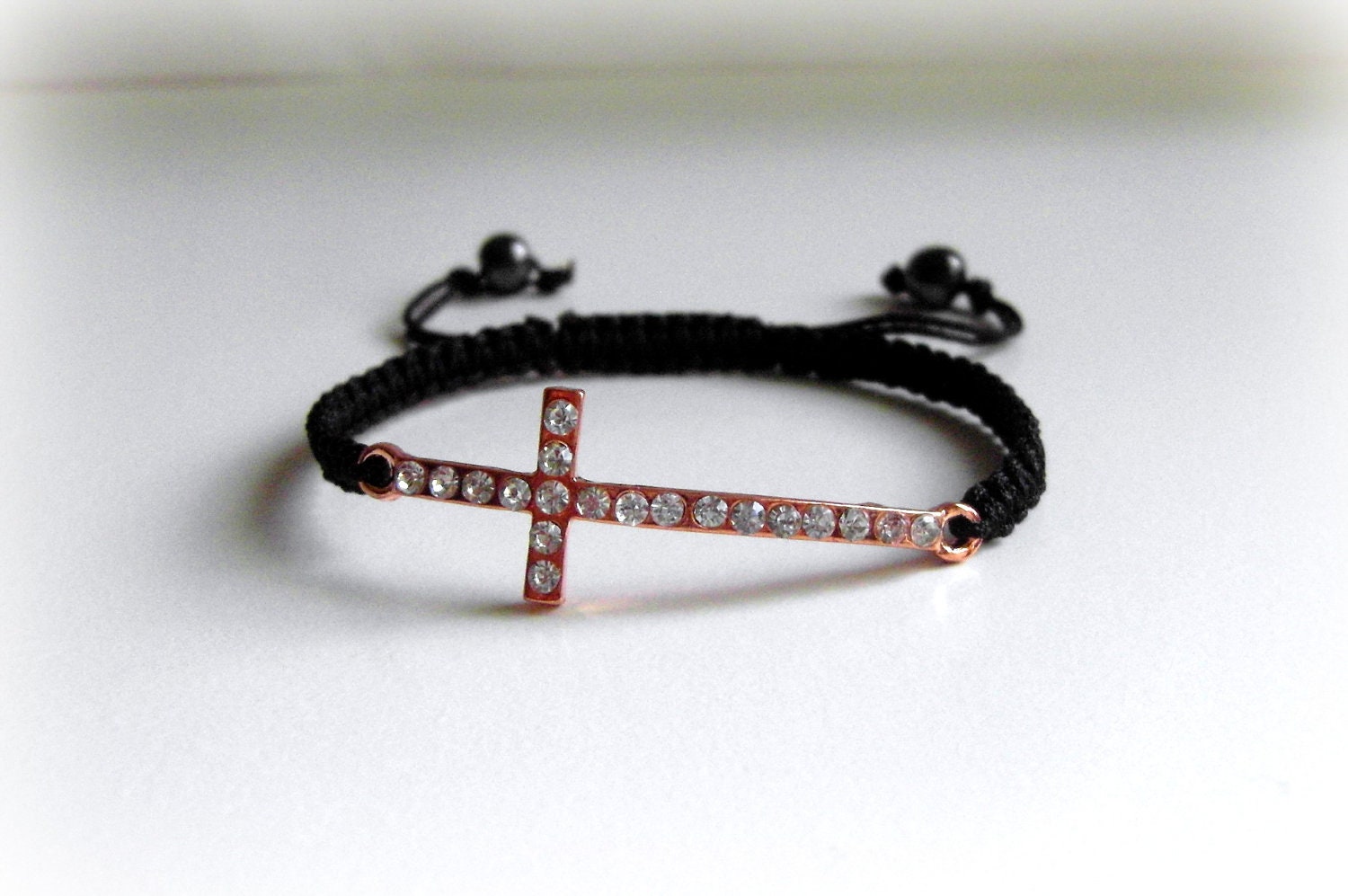 Trendy Rose Gold Dazzling Rhinestone Skinny Cross Macrame Adjustable Bracelet Charm Bracelet