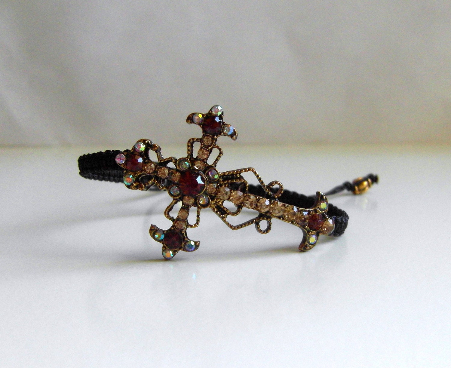 Antiqued Gold  Dazzling Rhinestone Cross Macrame Adjustable Bracelet Charm Bracelet Braided Bracelet