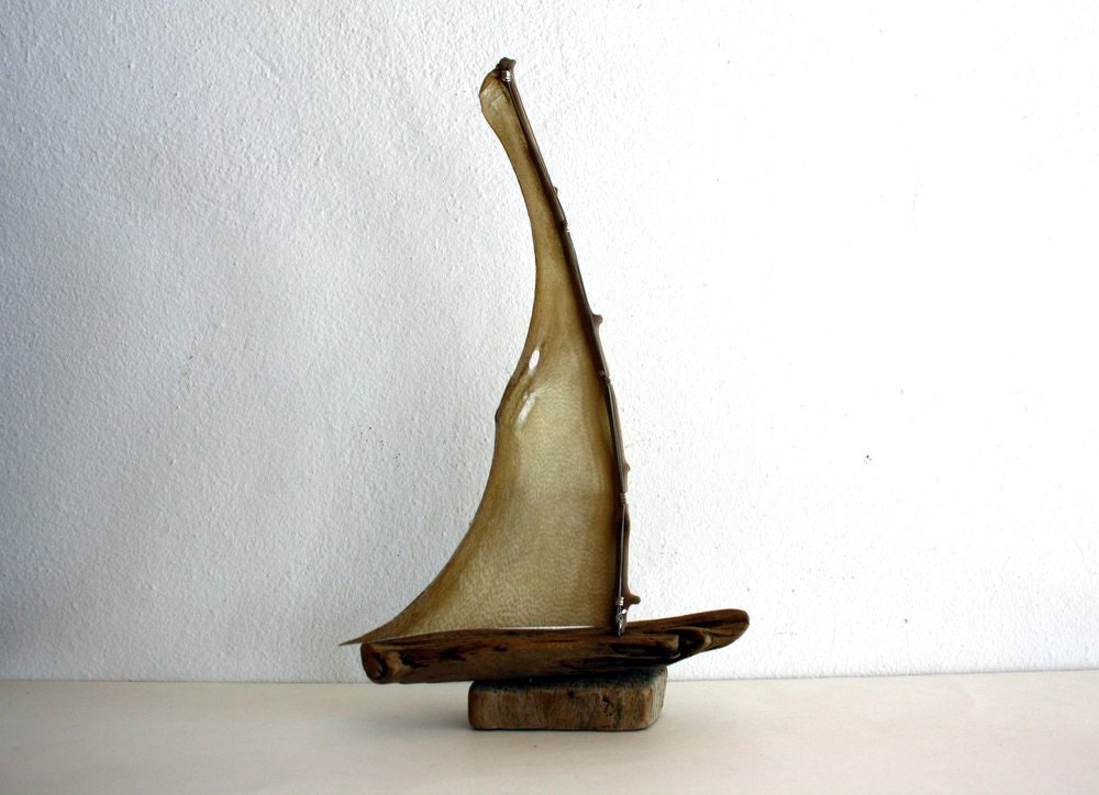 driftwood sailboat with genuine goatskin parchment... driftwood art...nautical decor...mediterranean decor...beach decor