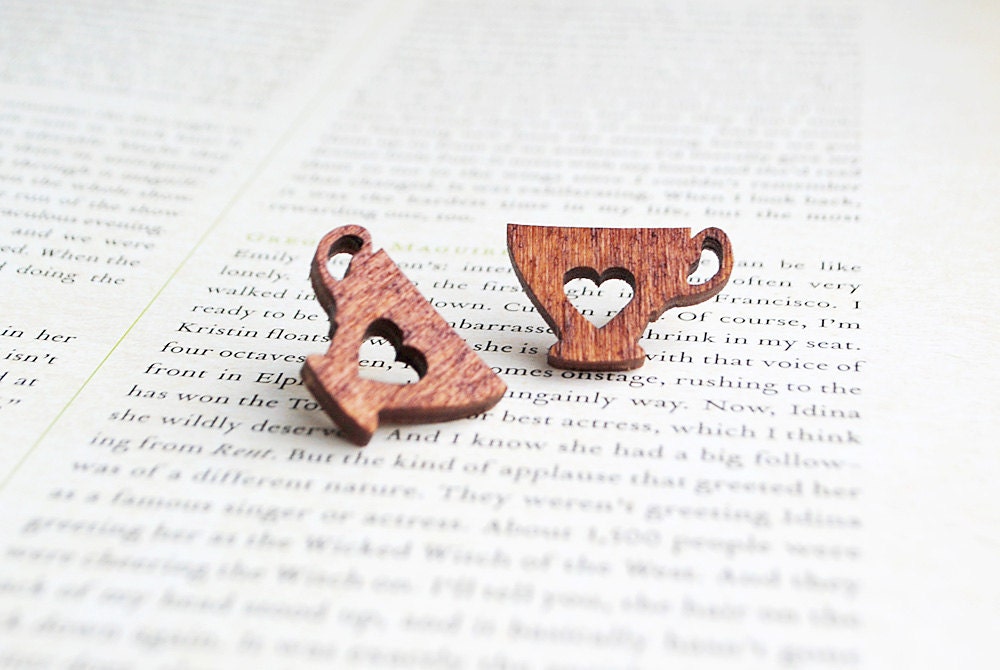Tea Lover Stud Earrings, Tea Cup, Wooden, Nickel Free