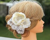 Lace Wedding Fascinator-Birdcage Veil- Flowers and Lace- Fascinator Wedding Headpiece