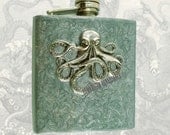 Steampunk Antique Silver Octopus Flask Hand Painted Silver with Silver Splash Neo Victorian Kraken Stainless Steel Metal Hip Flask