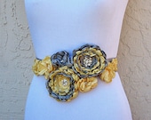 Yellow Gray Bridal Sash - Sash for Wedding, Flower Sash for Bride, Bridesmaid, Formal Occasion in Hand Crafted Flowers.