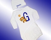 Personalized Embroidered 2 Piece Sleeper Set - Long Sleeved Infant Gown and Beanie Cap  - Tiger Baby - Free Shipping