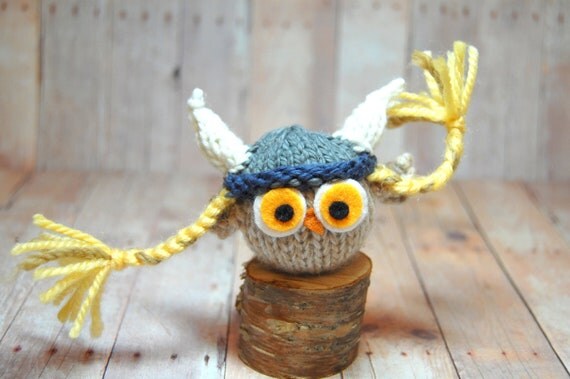 Owl with Viking Hat Toy Knit Woodland Bird Waldorf Viking Owl Plush Softie Ornament Decor Natural Fibers