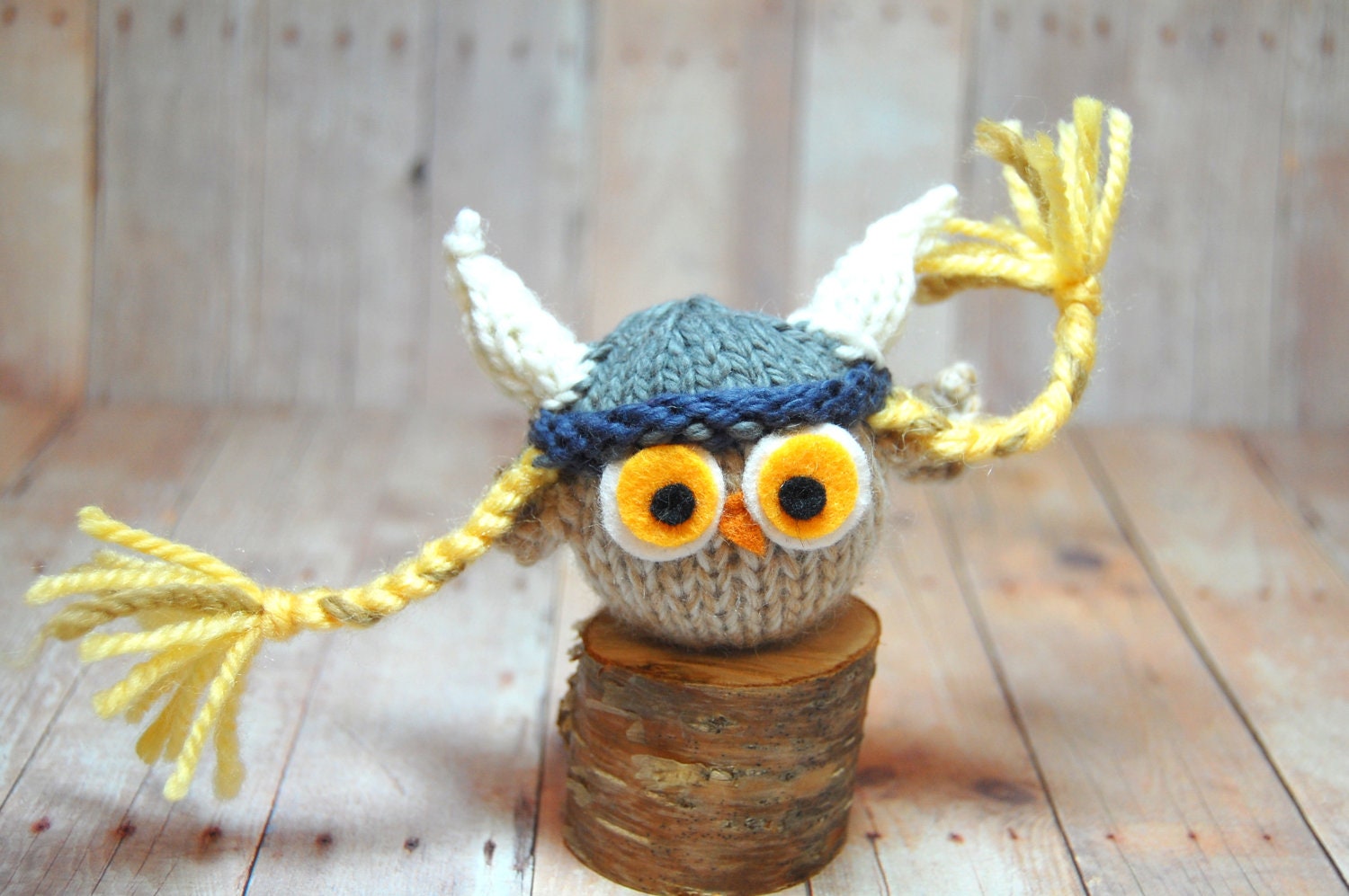 Owl with Viking Hat Toy Knit Woodland Bird Waldorf Viking Owl Plush Softie Ornament Decor Natural Fibers