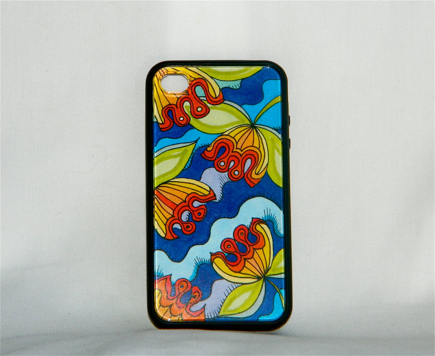 Falling for Floral, iPhone case, iPhone case, iPhone 4/4s, retro, flowers, waves, 1960's, rainbow, blue, hippie, boho, vibrant, unique