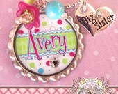Big SISTER Necklace, Personalized Name Bottle Cap Necklace, Big Sister Charm, Birthday, Gift, New Sister, Heart Charm, Polka Dot