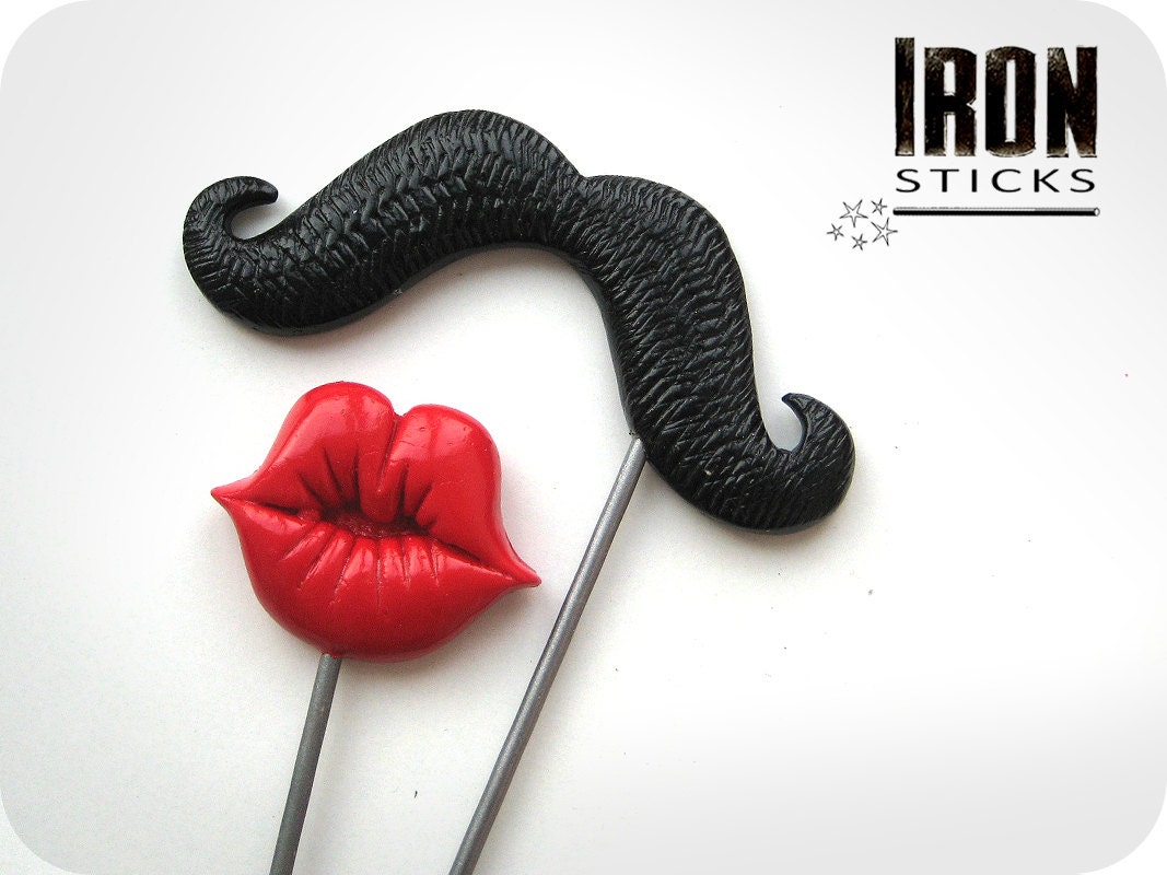 Photo Booth Props on Metal Sticks - 2 props - Plastic mustache and lips - Wedding photobooth props