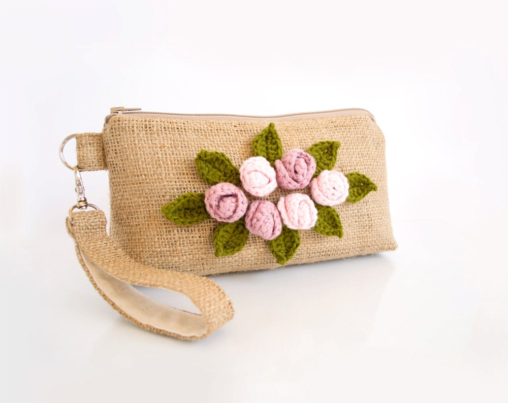 Country Chic Rustic Burlap Zippered Pouch Clutch