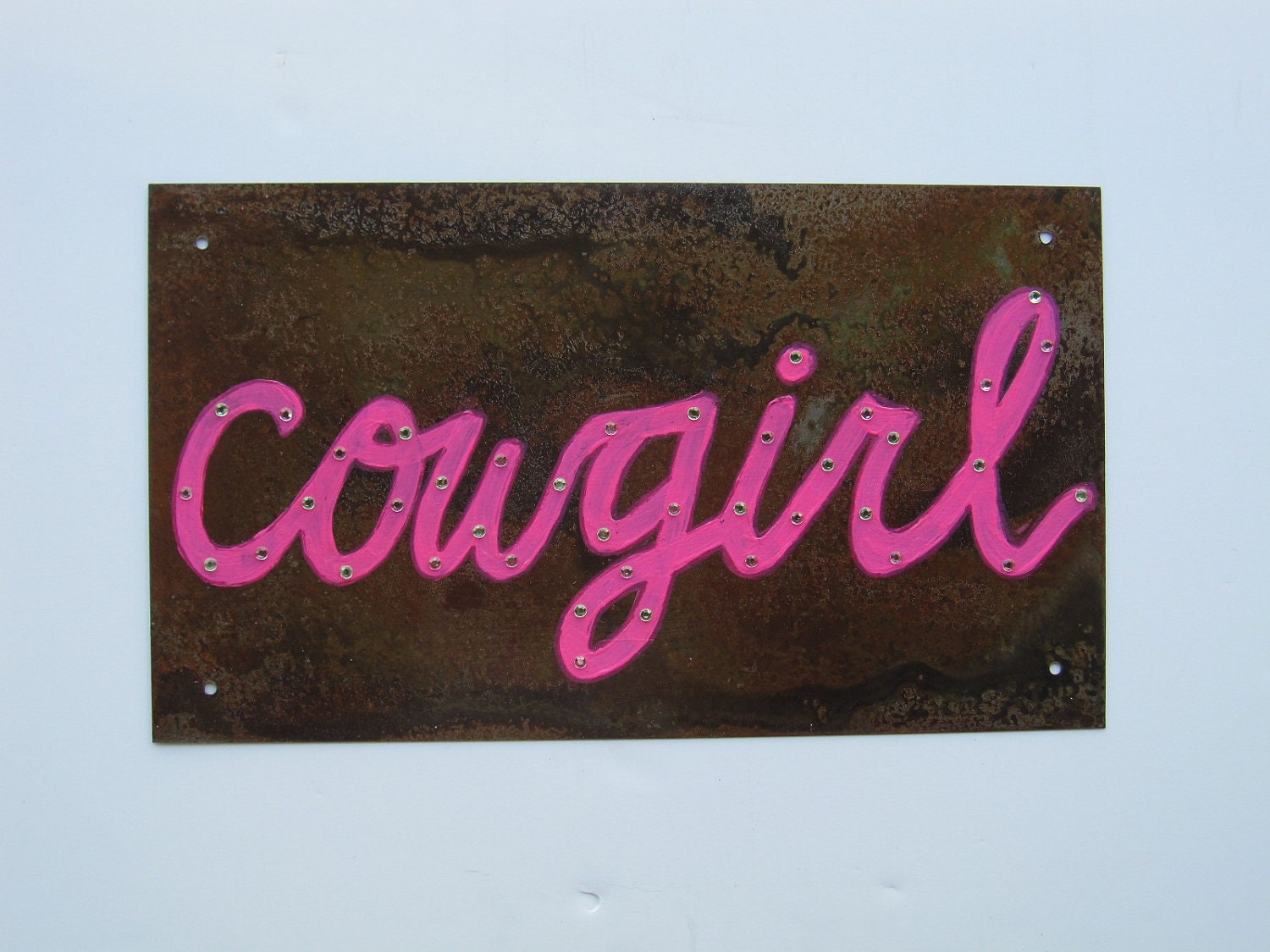 Cowgirl Sign- Rustic Handpainted on Metal- Bright Pink w/ Rhinestone Accents