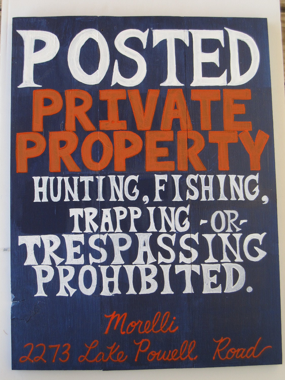 No Trespassing Sign Private Property Custom Made to Order Navy Blue Orange White