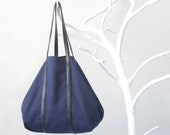 Cotton Shopper in Dark Blue with Twin Top Handels in Leather, tote bag, shoulder bag, beach bag