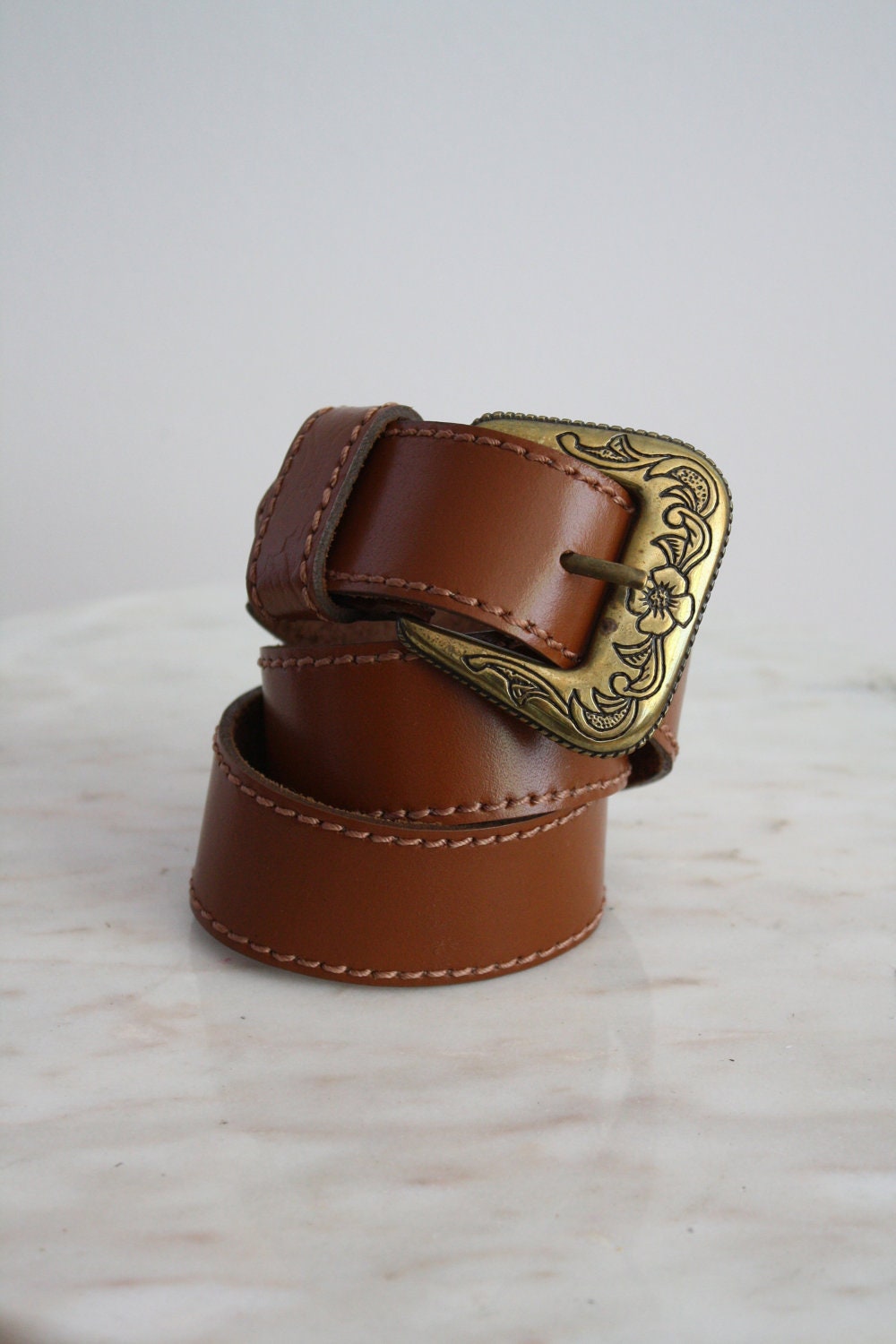 Leather Belt Brown Brass Buckle Waist Hip Women's XS S M - 1980s VINTAGE