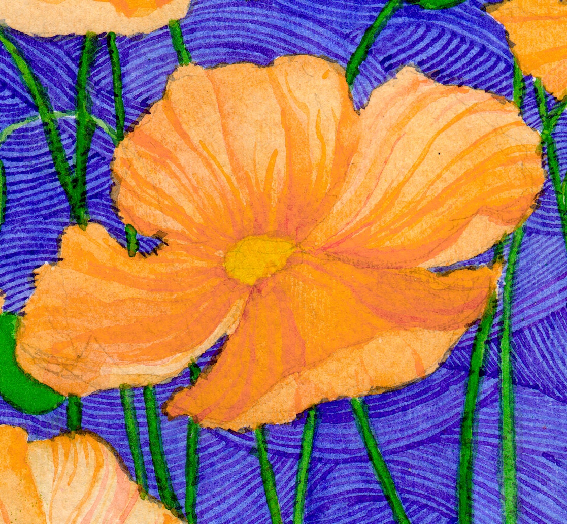 Orange Poppies on Blue Swirls 2
