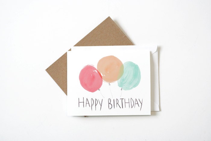 Watercolor Balloons Birthday Card - Happy Bday Party Illustrated Watercolour Note Card