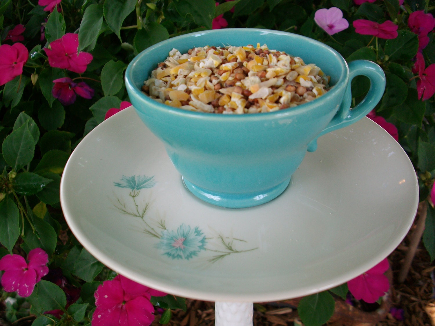 Garden Bird Feeder Recycled Turquoise Cup and Saucer Sit on a Pole Bird Feeder