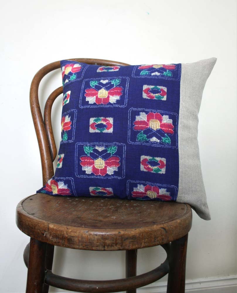 Recycled  Vintage Kimono Wool and Natural Linen Throw Pillow Cover with Stylized Camelias. 18x18'' (45x45cm)