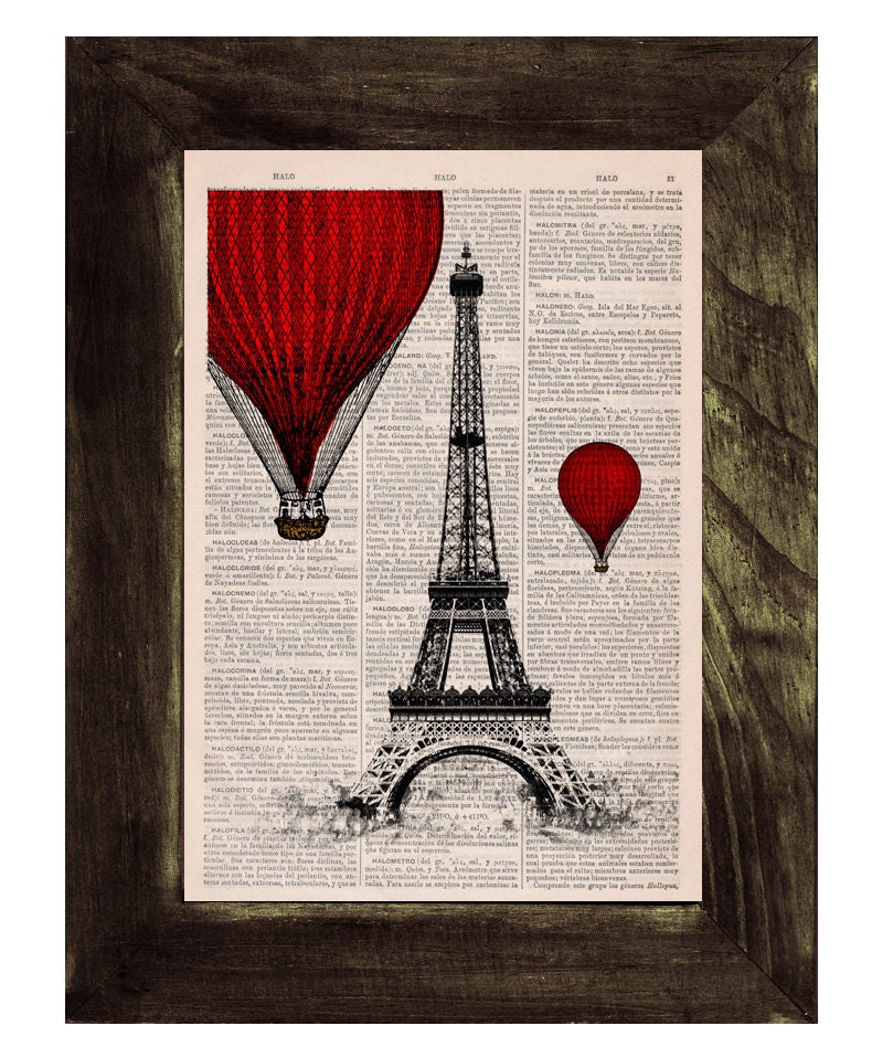 Vintage Book Print -  Eiffel Tower Balloon Ride Print on Vintage Book -France art