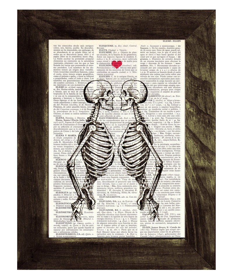 Skeleton Couple - Love Dictionary Book Page Print - Anatomy Art on Upcycled Book Page