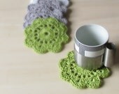 Crochet flowers coasters / garland or embellishment / white grey and green / set of 6