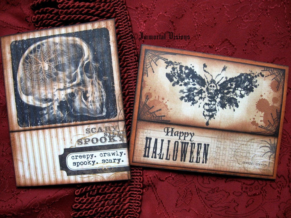 Gothic Halloween Greeting Cards - 2-pack - Skull X-Ray & Death Head Moth