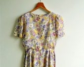 Vintage Romantic Floral Garden Printed Short Puff Sleeves Bow Tie  Dress SMALL